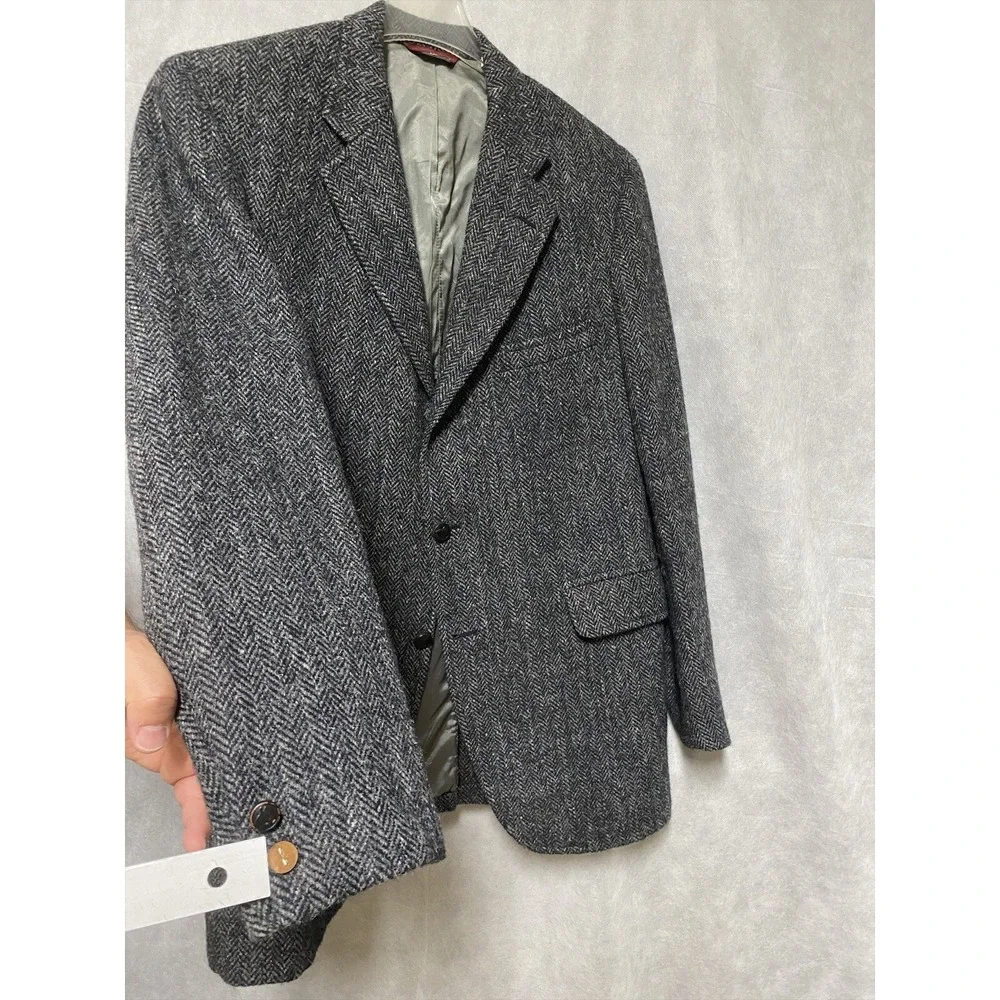 Jos A Bank Harris‎ Tweed Blazer Men 42R Gray Herringbone 3Btn Coat Jacket Luxury